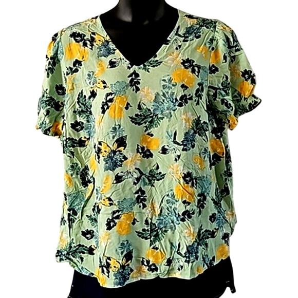 Denim & Co. Printed Blouse with Smocked Sleeve Cuff - Size XL, Green/Yellow/Blue - Picture 2 of 8
